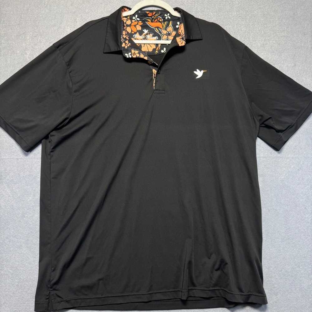 Birdie Threads Men's Black Golf‎ Polo Shirt Hummingbird Floral Collar XL